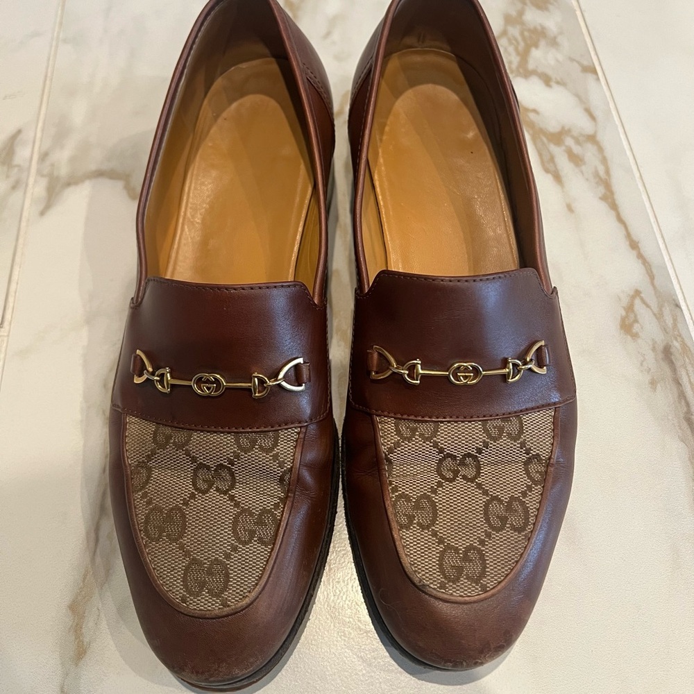 Gucci Brown Leather and Canvas Loafers